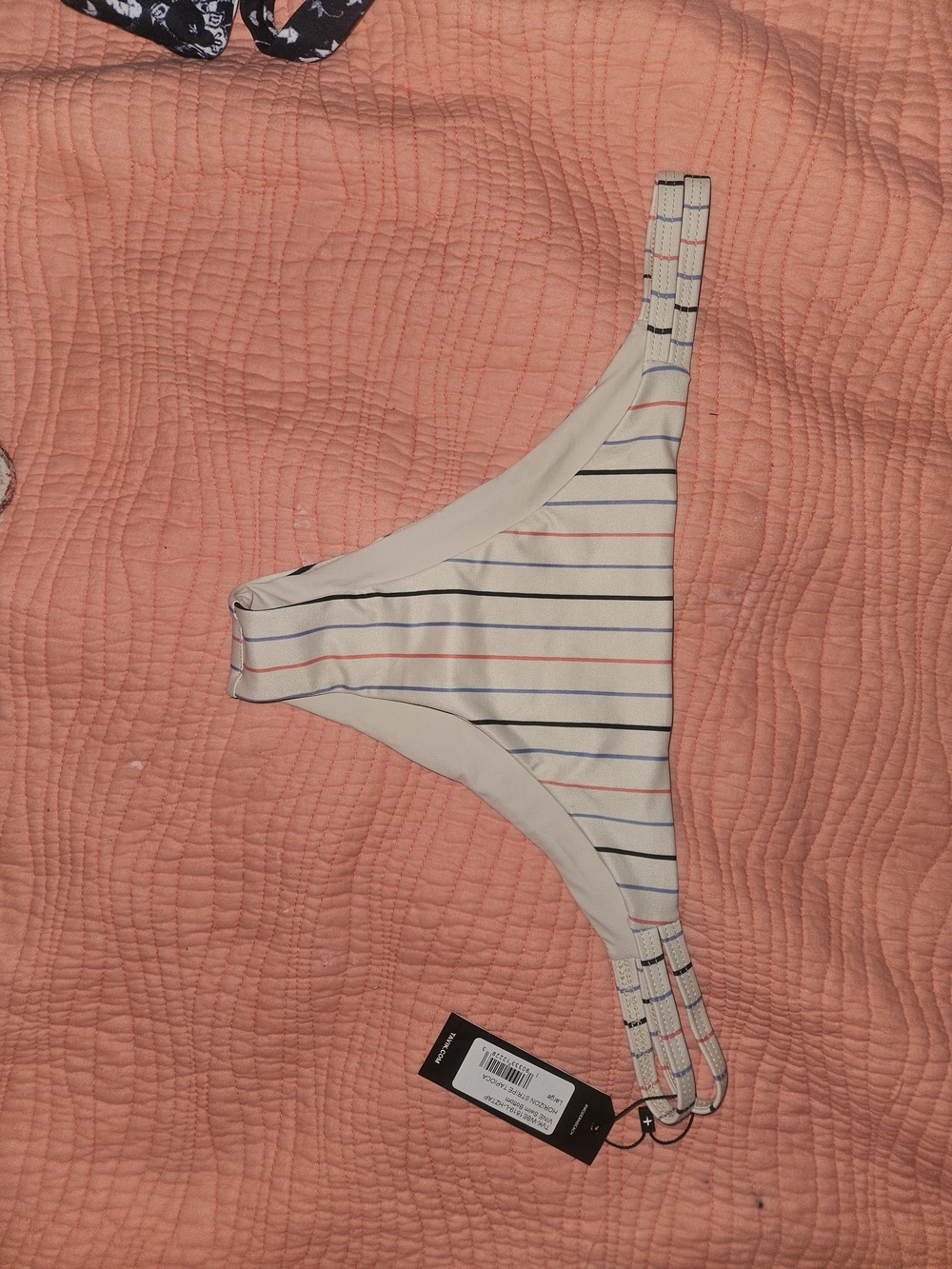 Tavik Cream Bikini Bottom with Navy and Coral Stripes